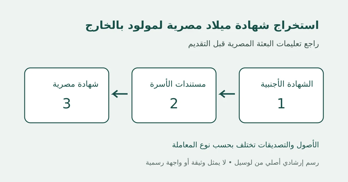 رسم إرشادي أصلي يوضح استخراج شهادة ميلاد مصرية لمولود بالخارج في ثلاث مراحل دون بيانات شخصية أو واجهة رسمية