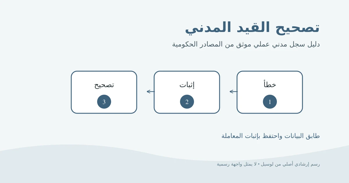 رسم إرشادي أصلي لسجل مدني به خطأ ينتقل إلى قيد مصحح بعلامة اعتماد