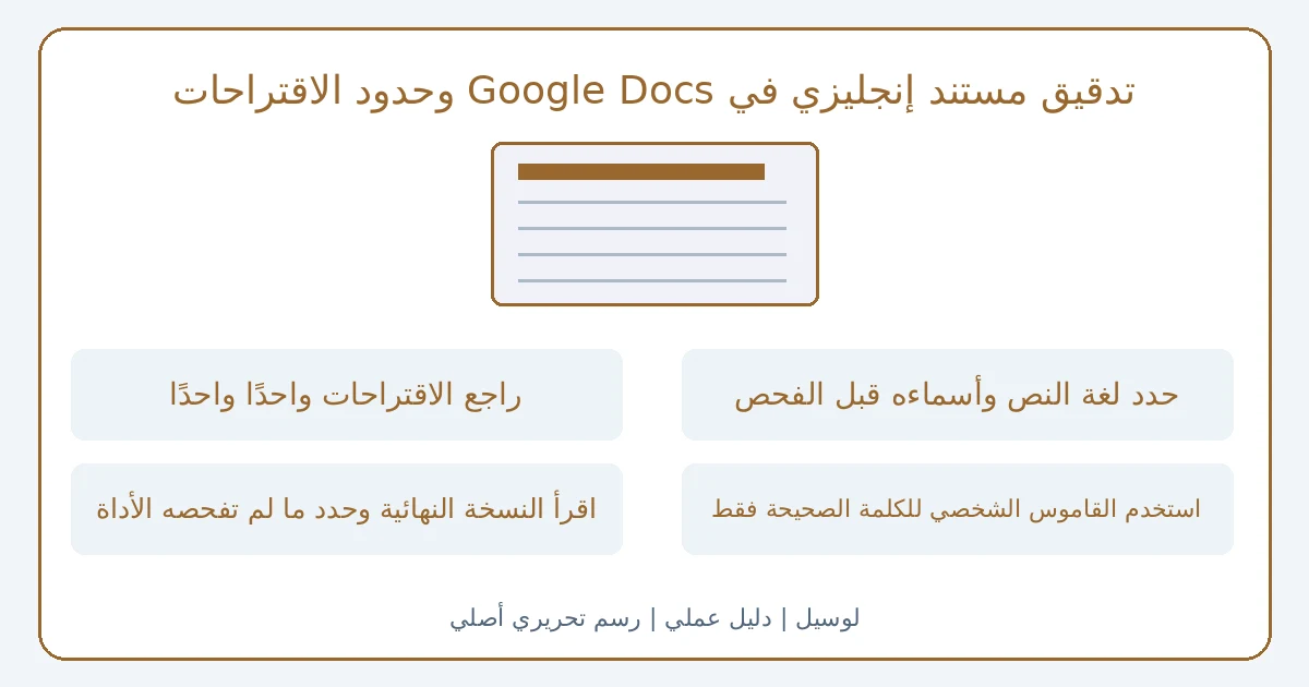 رسم تحريري أصلي يوضح تدقيق مستند إنجليزي في Google Docs وحدود الاقتراحات