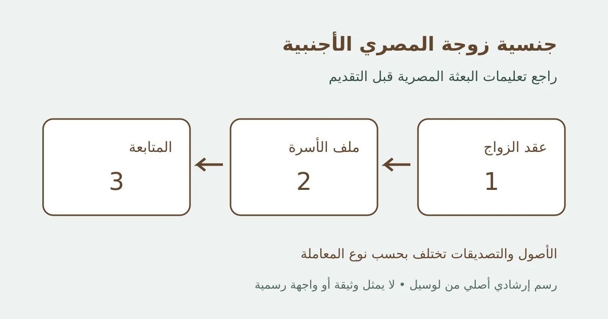 رسم إرشادي أصلي يوضح ملف زواج ووثائق أسرة ومتابعة طلب الجنسية دون وثائق حقيقية