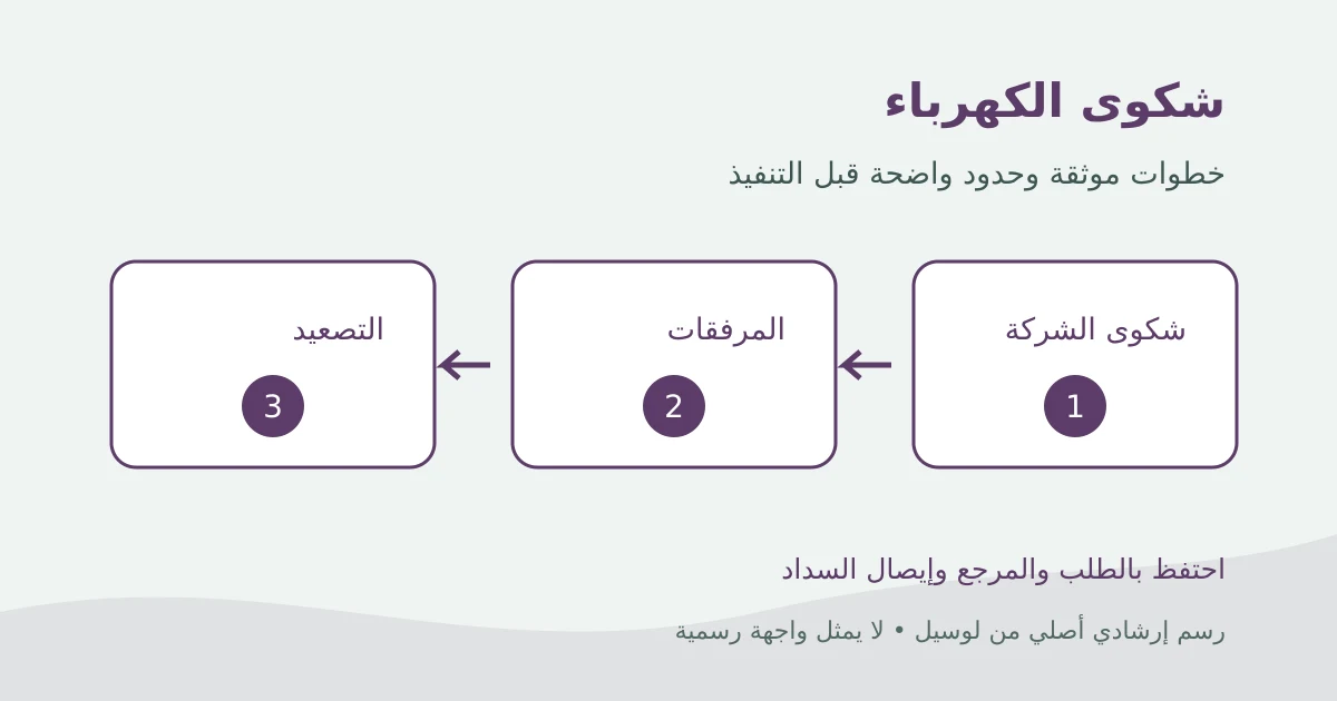 رسم إرشادي أصلي لمسار شكوى الكهرباء من الشركة إلى جمع المرفقات ثم جهاز تنظيم المرفق