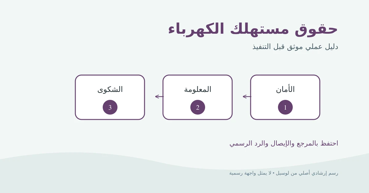 رسم إرشادي أصلي يوضح حق مستهلك الكهرباء في الأمان والمعلومة والشكوى