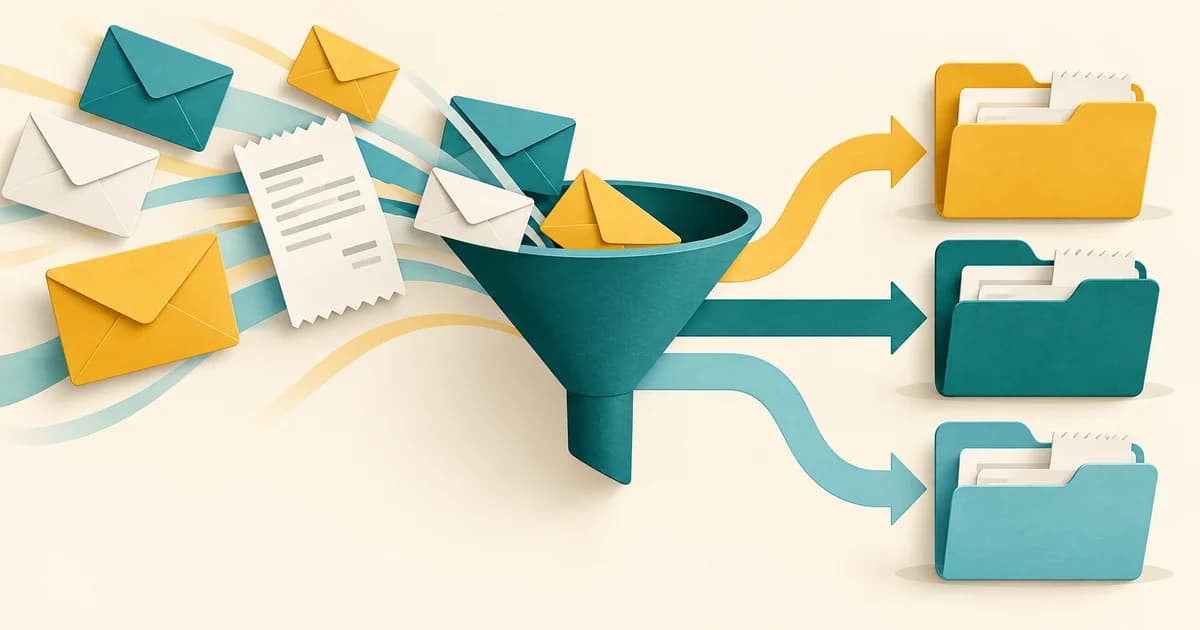 رسم توضيحي لرسائل تمر عبر مرشح إلى ملفات منظمة، وليس واجهة Gmail