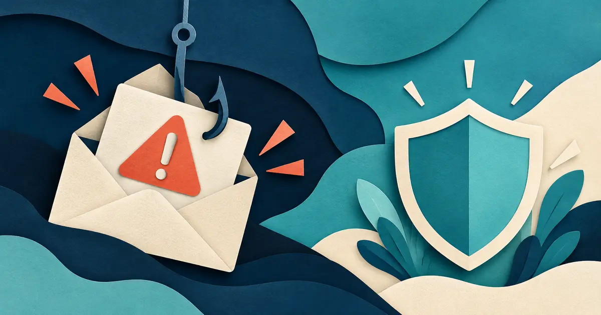 رسم رسالة بريد ذات خطاف تحذيري أمام درع، توضيح للتصيّد وليس لقطة من Gmail