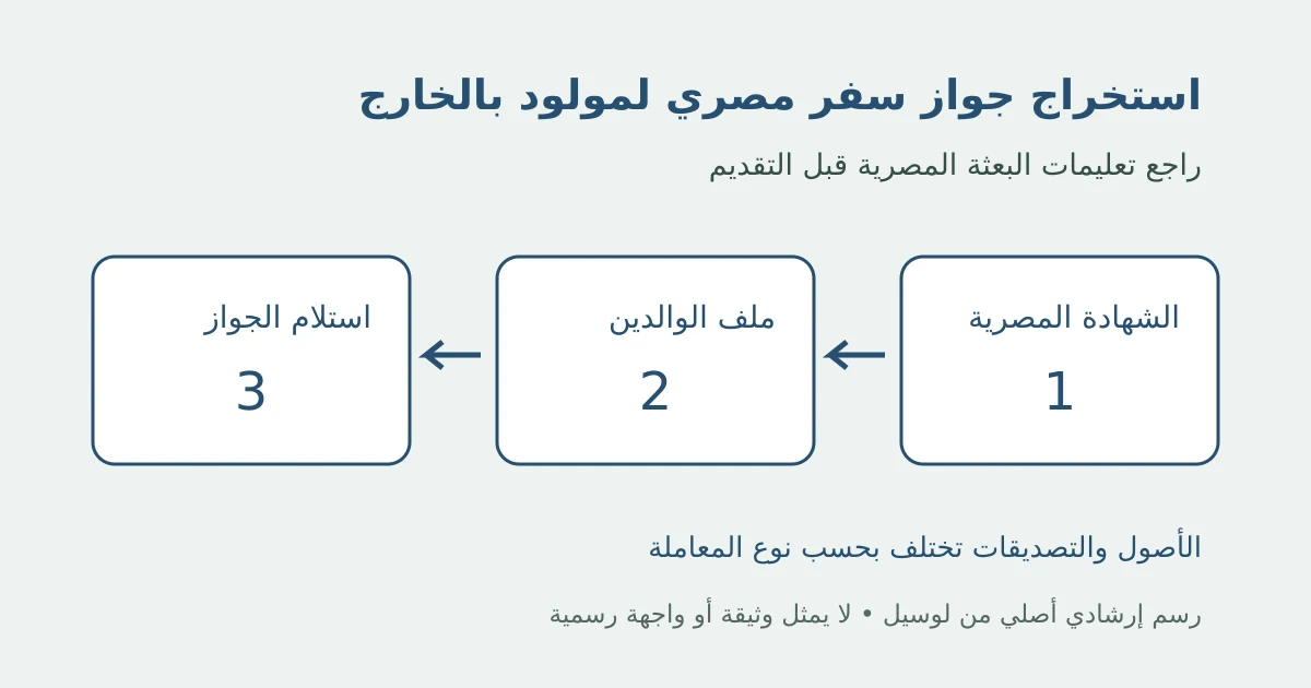 رسم إرشادي أصلي يوضح استخراج جواز سفر مصري لمولود بالخارج في ثلاث مراحل دون بيانات شخصية أو واجهة رسمية