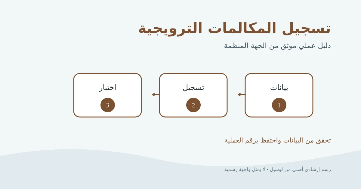 رسم إرشادي أصلي يوضح تجهيز بيانات النشاط ثم تسجيل رقم المكالمات الترويجية واختباره