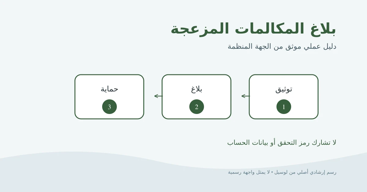 رسم إرشادي أصلي يوضح توثيق مكالمة مزعجة ثم الإبلاغ عبر قناة رسمية