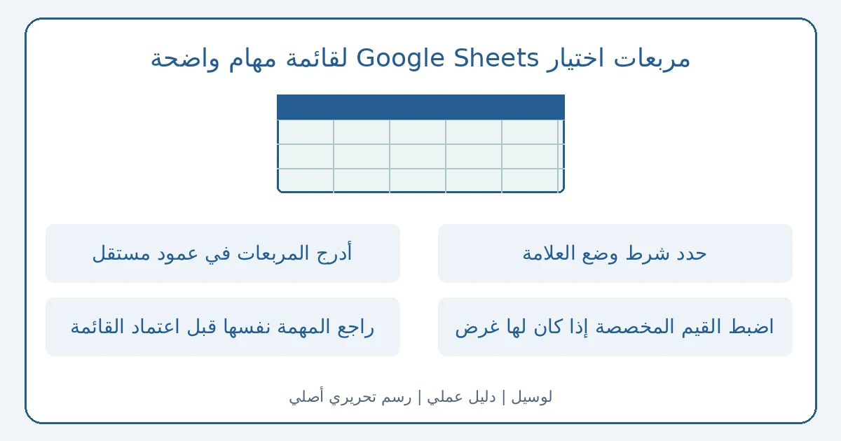 رسم تحريري أصلي يوضح مربعات اختيار Google Sheets لقائمة مهام واضحة
