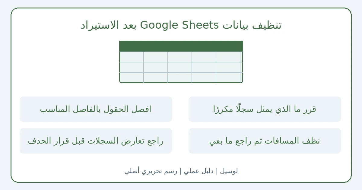 رسم تحريري أصلي يوضح تنظيف بيانات Google Sheets بعد الاستيراد