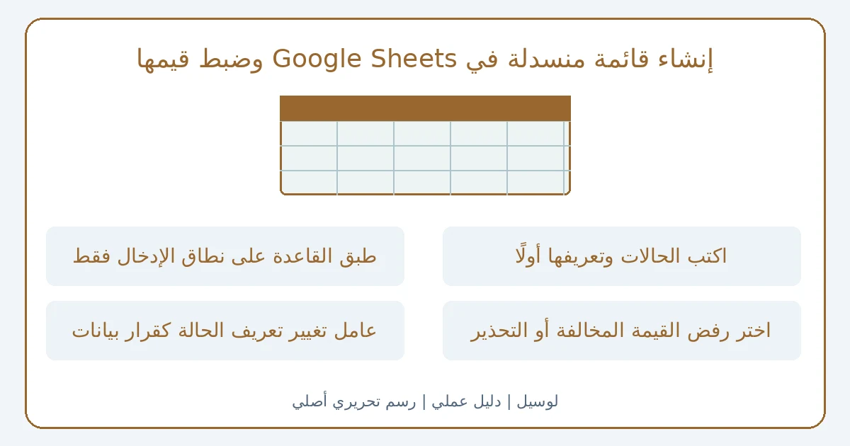 رسم تحريري أصلي يوضح إنشاء قائمة منسدلة في Google Sheets وضبط قيمها
