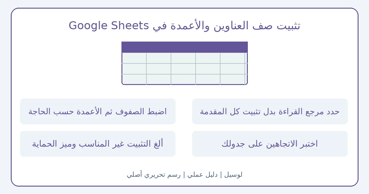 رسم تحريري أصلي يوضح تثبيت صف العناوين والأعمدة في Google Sheets