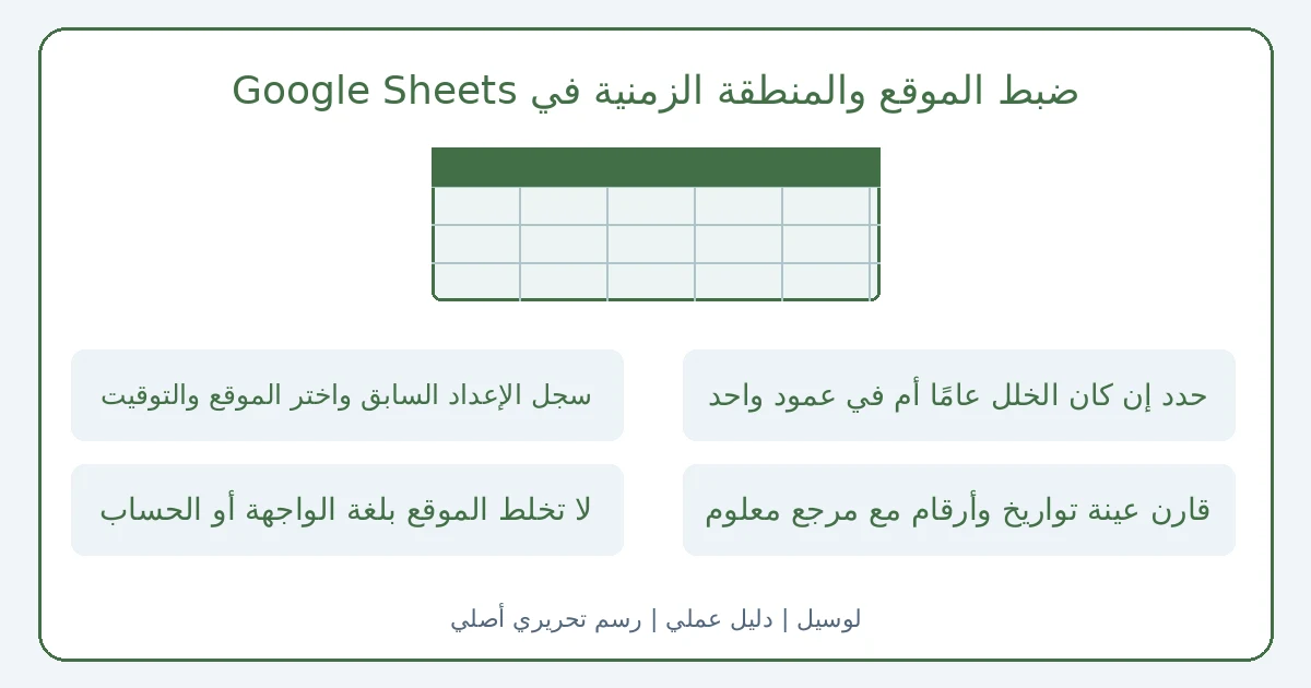 رسم تحريري أصلي يوضح ضبط الموقع والمنطقة الزمنية في Google Sheets