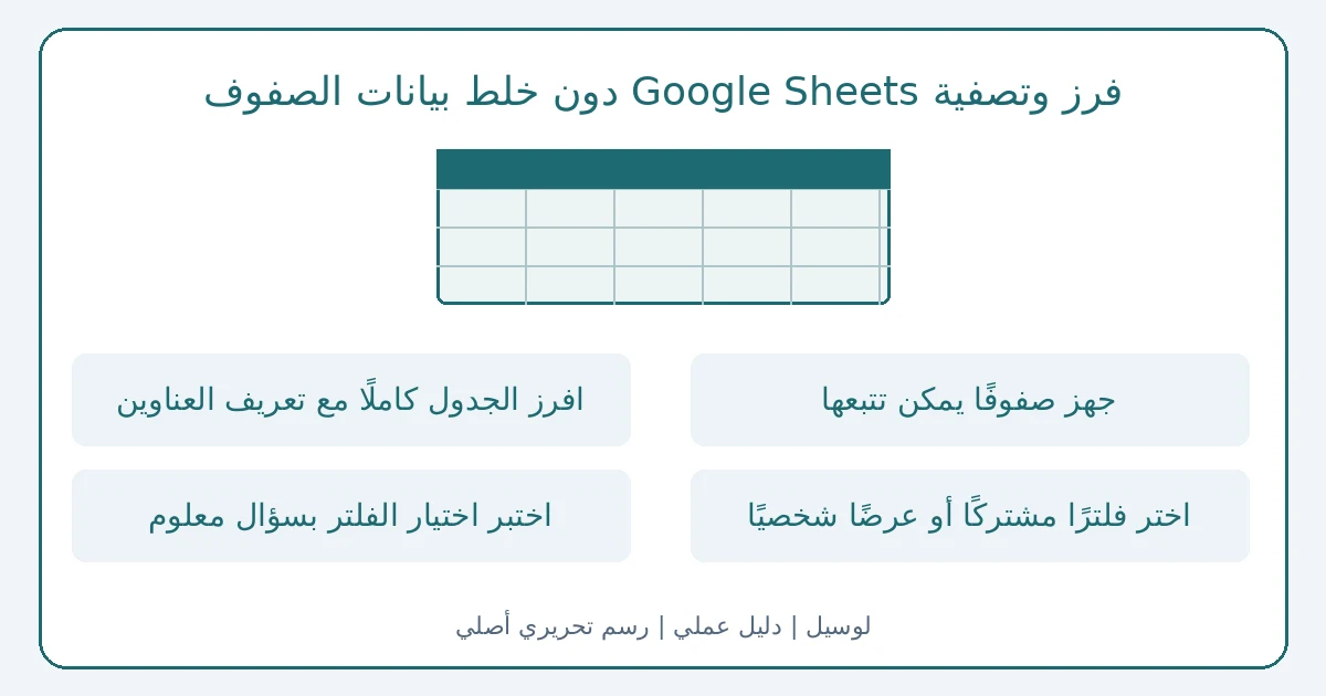 رسم تحريري أصلي يوضح فرز وتصفية Google Sheets دون خلط بيانات الصفوف