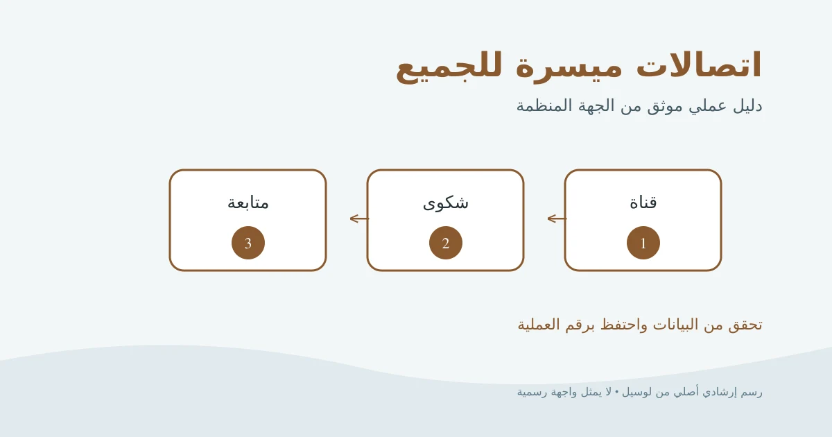رسم إرشادي أصلي يوضح اختيار قناة ميسرة ثم تقديم شكوى اتصالات ومتابعتها