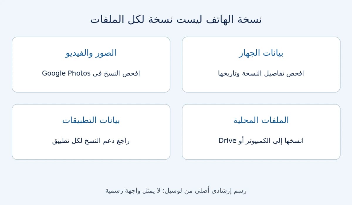أربعة مسارات فحص: نسخة الجهاز والصور والملفات المحلية وبيانات التطبيقات
