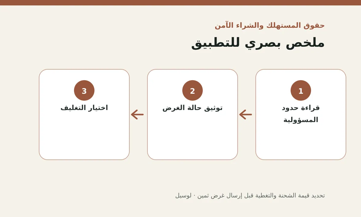 مخطط توضيحي يلخص خطوات تطبيق: تحديد قيمة الشحنة والتغطية قبل إرسال غرض ثمين