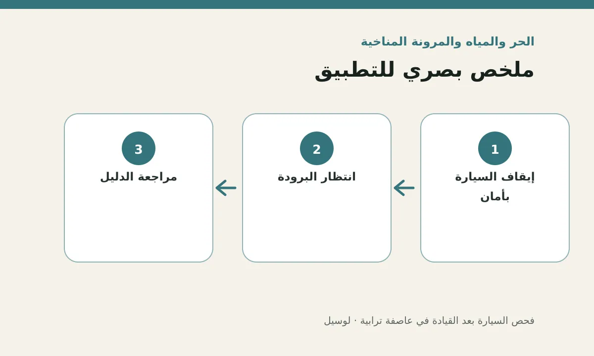 مخطط توضيحي يلخص خطوات تطبيق: فحص السيارة بعد القيادة في عاصفة ترابية