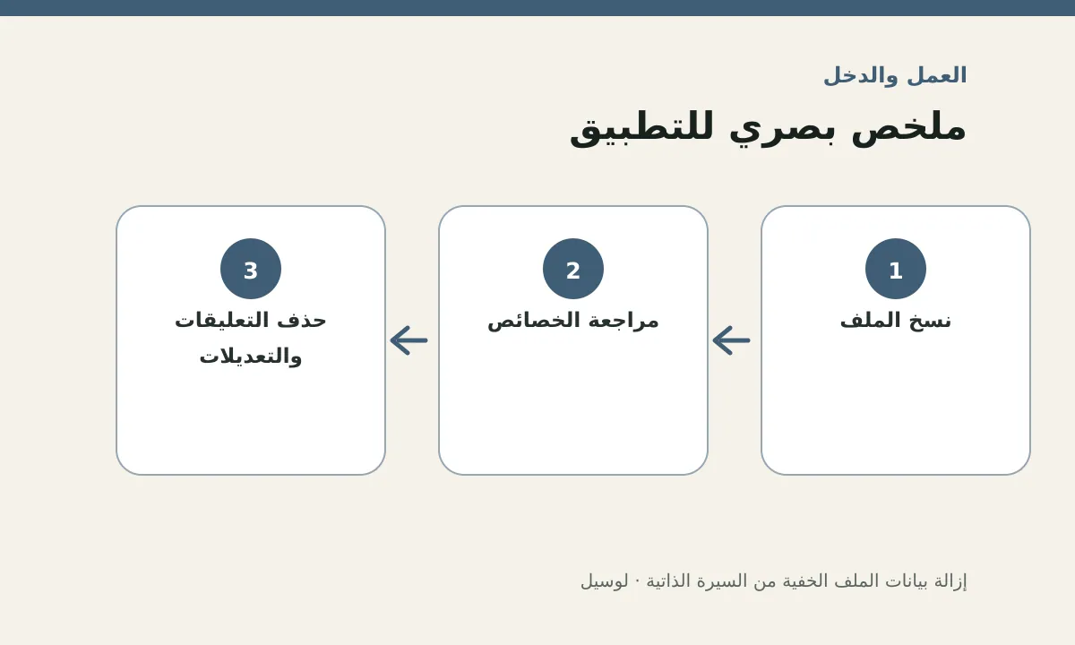مخطط توضيحي يلخص خطوات تطبيق: إزالة بيانات الملف الخفية من السيرة الذاتية